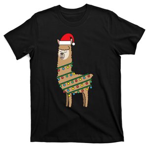 Llama Tree Funny Christmas Lights Santa Hat Holiday Gift T-Shirt