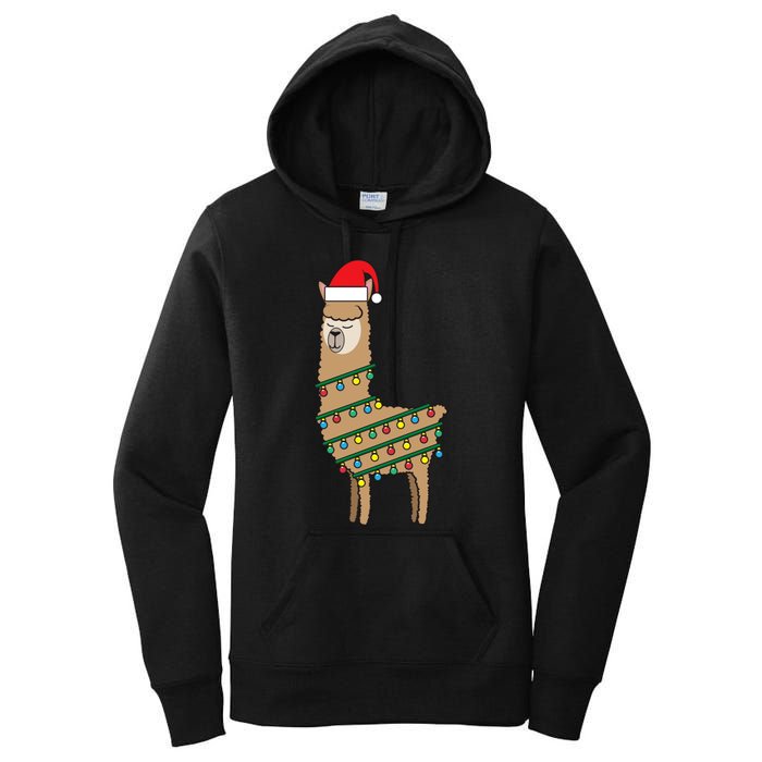 Llama Tree Funny Christmas Lights Santa Hat Holiday Gift Women's Pullover Hoodie