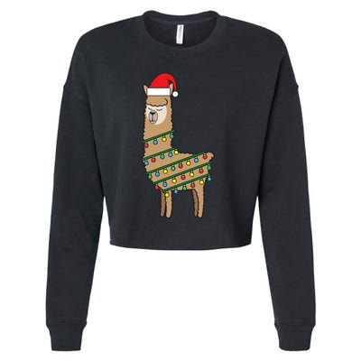 Llama Tree Funny Christmas Lights Santa Hat Holiday Gift Cropped Pullover Crew