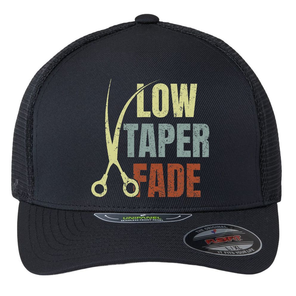 Low Taper Fade Meme Hair Scissors Vintage Flexfit Unipanel Trucker Cap