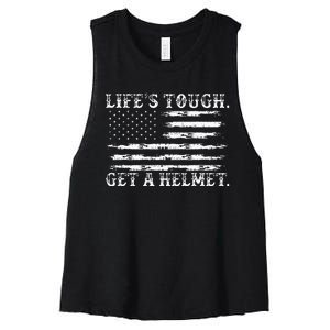 LifeS Tough Get A Helmet Man Usa Flag Women's Racerback Cropped Tank