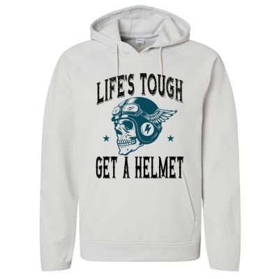 Life's Tough Get a Helmet Funny Skeleton Riding Motorcycle  Performance Fleece Hoodie