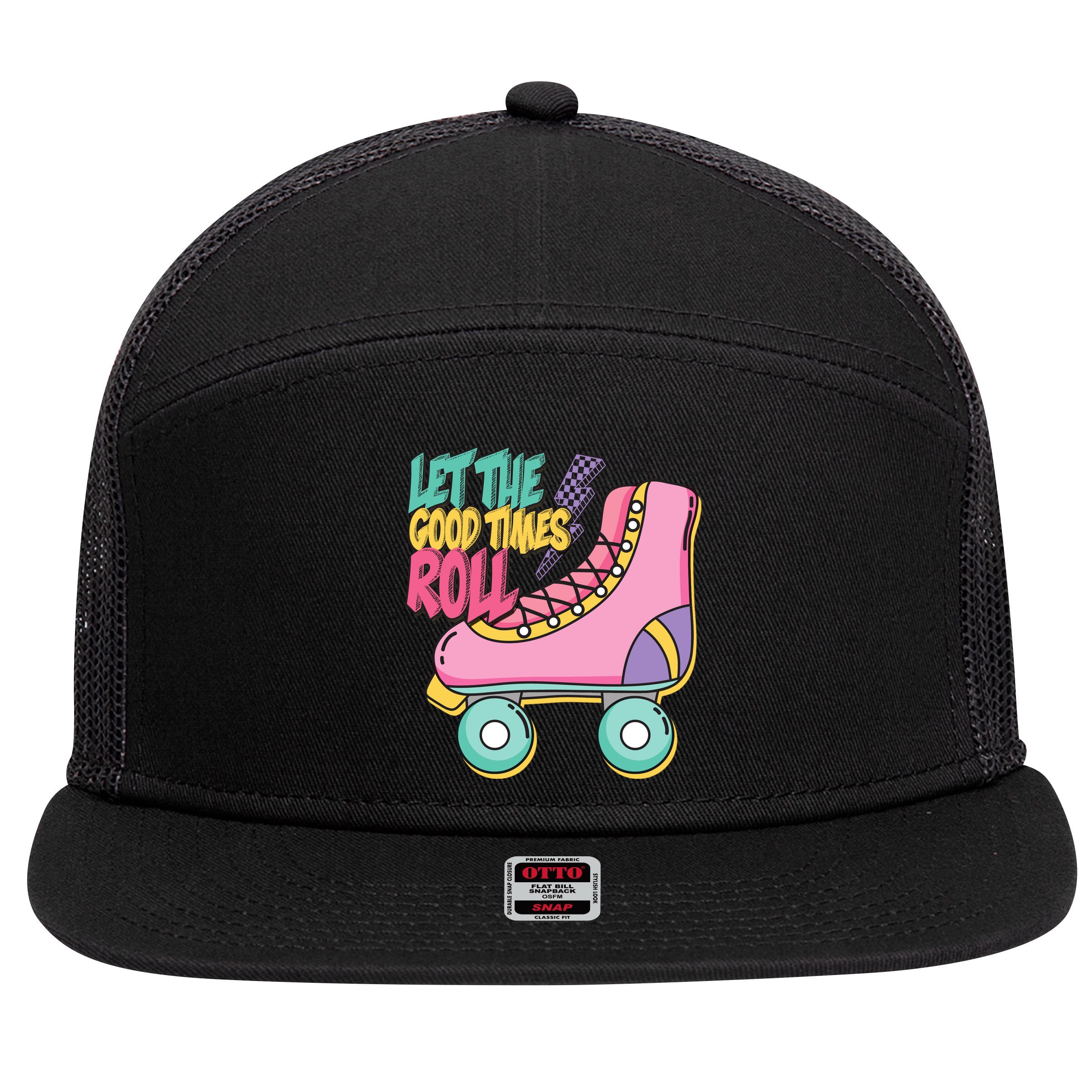Let The Good Times Roll 80s Retro Roller Skate 7 Panel Mesh Trucker Snapback Hat