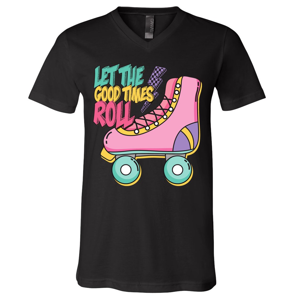 Let The Good Times Roll 80s Retro Roller Skate V-Neck T-Shirt