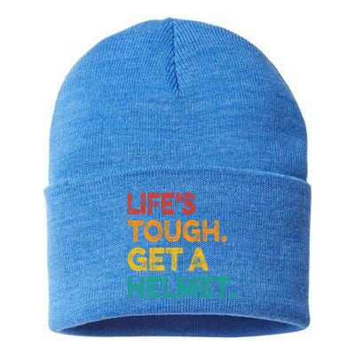 Life's Tough Get a Helmet Man Funny Vintage Sustainable Knit Beanie