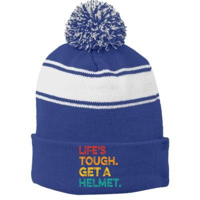 Life's Tough Get a Helmet Man Funny Vintage Stripe Pom Pom Beanie