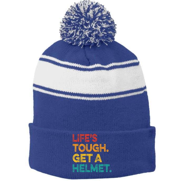 Life's Tough Get a Helmet Man Funny Vintage Stripe Pom Pom Beanie