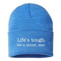 Life's Tough Get a Helmet Man Funny Vintage Sustainable Knit Beanie