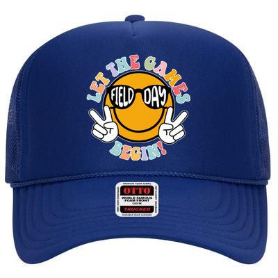 Let The Games Begin Field Day Smile Face High Crown Mesh Back Trucker Hat