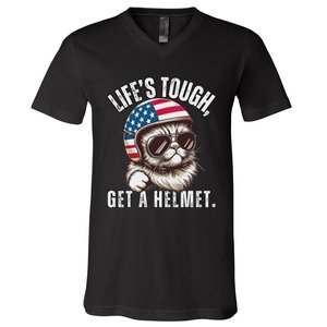 LifeS Tough Get A Helmet Funny Cat V-Neck T-Shirt