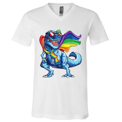 LGBTQ Trex Gay Pride Flag V-Neck T-Shirt