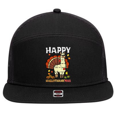 Llama Turkey Happy Hallothankmas Thanksgiving 7 Panel Mesh Trucker Snapback Hat