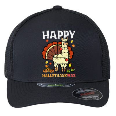 Llama Turkey Happy Hallothankmas Thanksgiving Flexfit Unipanel Trucker Cap