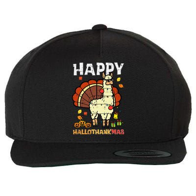 Llama Turkey Happy Hallothankmas Thanksgiving Wool Snapback Cap