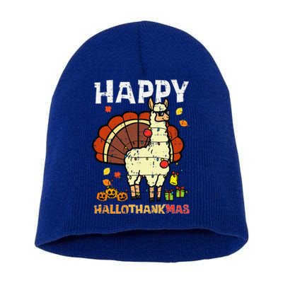 Llama Turkey Happy Hallothankmas Thanksgiving Short Acrylic Beanie