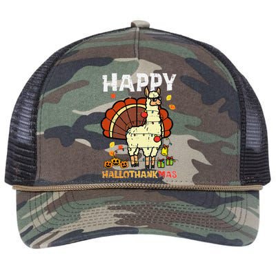 Llama Turkey Happy Hallothankmas Thanksgiving Retro Rope Trucker Hat Cap