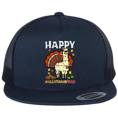 Llama Turkey Happy Hallothankmas Thanksgiving Flat Bill Trucker Hat