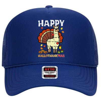 Llama Turkey Happy Hallothankmas Thanksgiving High Crown Mesh Back Trucker Hat