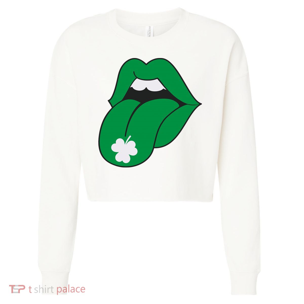 Lips Tongue Irish Shamrock St Patricks Cropped Pullover Crew