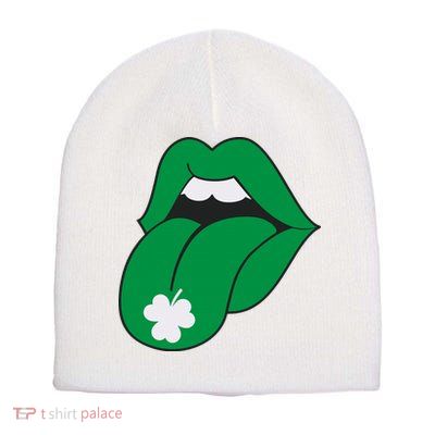 Lips Tongue Irish Shamrock St Patricks Short Acrylic Beanie