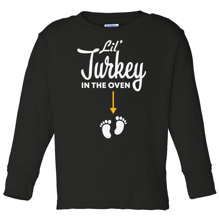 Lil' Turkey In The Oven Pregnancy Thanksgiving Toddler Long Sleeve Shirt