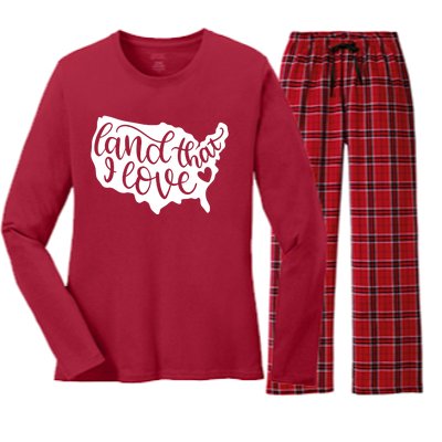 Land That I Love USA Flag Independence Day Women's Long Sleeve Flannel Pajama Set 