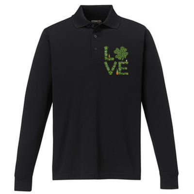 Love Three Leprechauns Funny Irish Shamrock St Patricks Day Funny Gift Performance Long Sleeve Polo