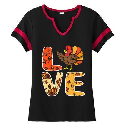 Love Turkey Leaves Autumn Fall Thanksgiving Ladies Halftime Notch Neck Tee