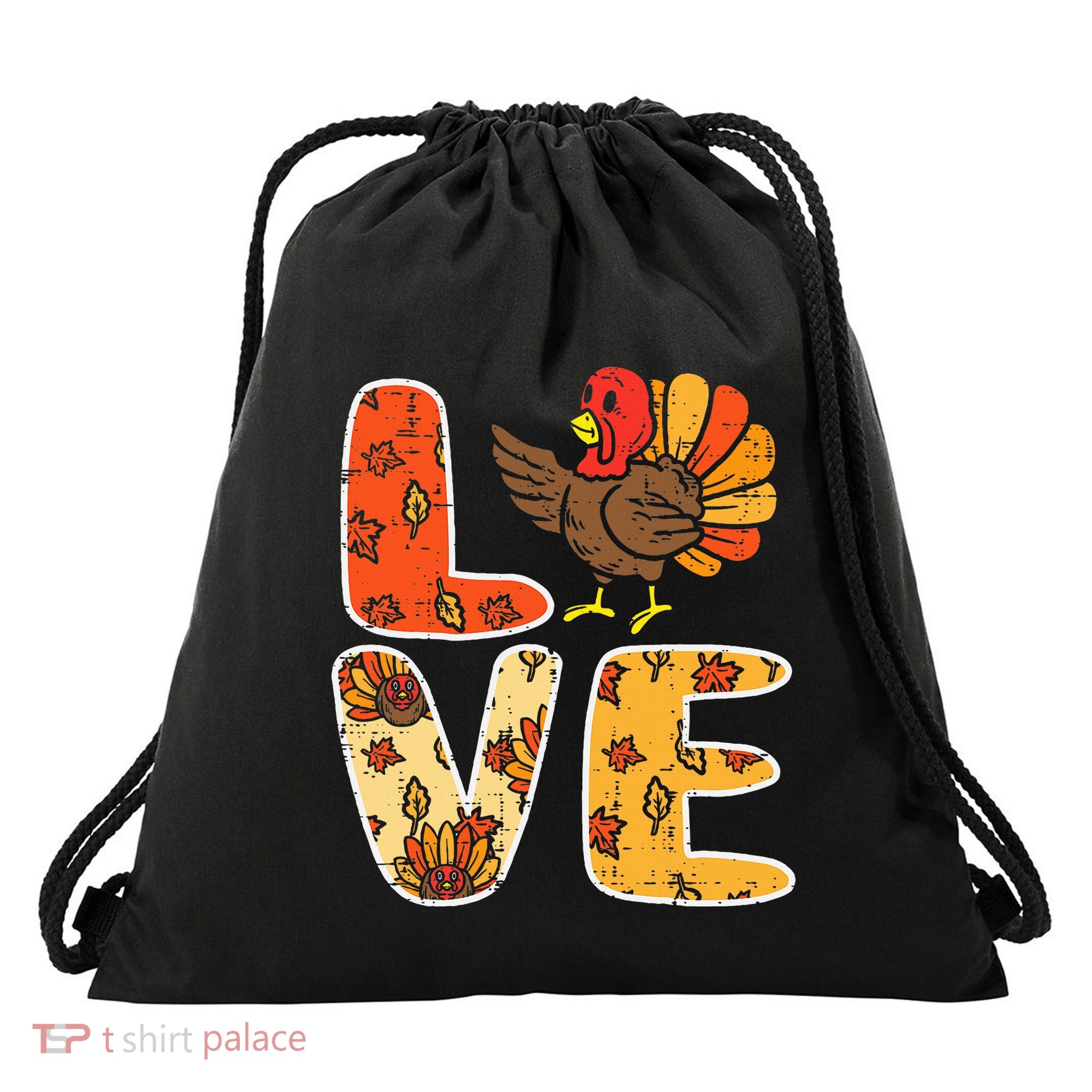 Love Turkey Leaves Autumn Fall Thanksgiving Drawstring Bag