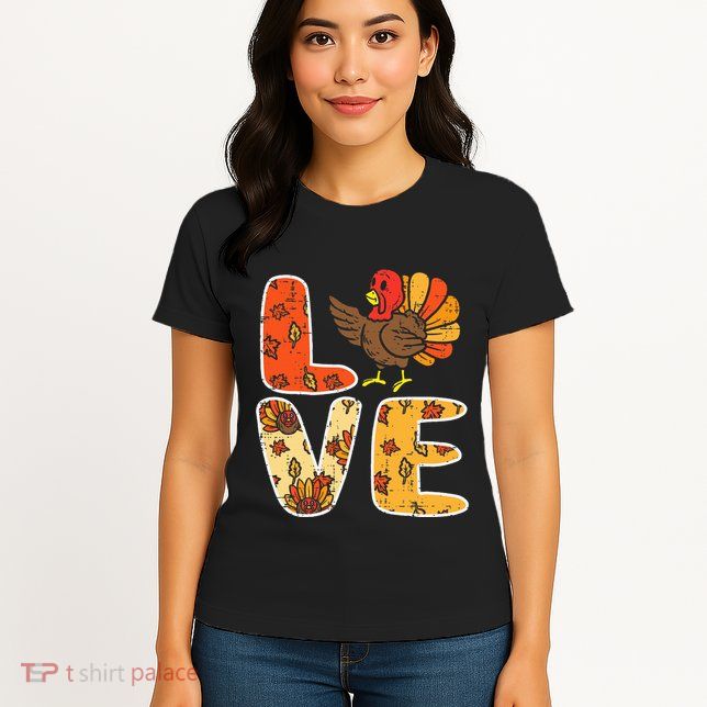 Love Turkey Leaves Autumn Fall Thanksgiving Womens T-Shirt