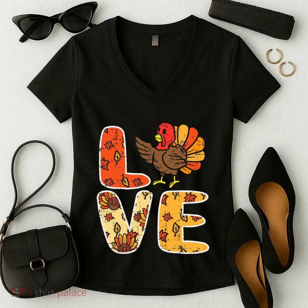 Love Turkey Leaves Autumn Fall Thanksgiving Women's V-Neck T-Shirt