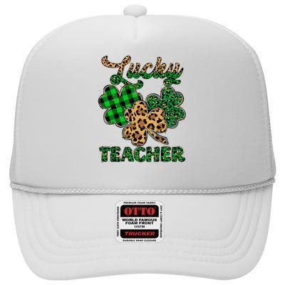 Lucky Teacher Leopard Shamrock Happy St Patricks Day Outfit High Crown Mesh Back Trucker Hat