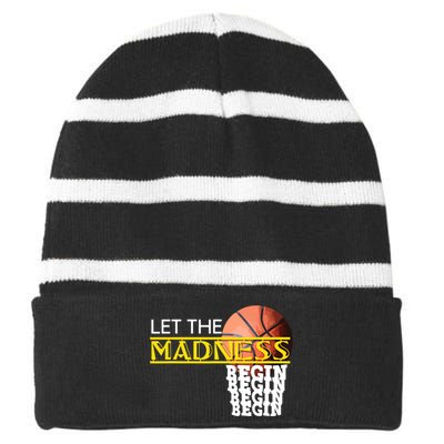 Let The Madness Begin Novelty Basketball Striped Beanie with Solid Band