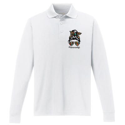 Librarian Teacher Messy Bun Life Book Library Back to School Performance Long Sleeve Polo