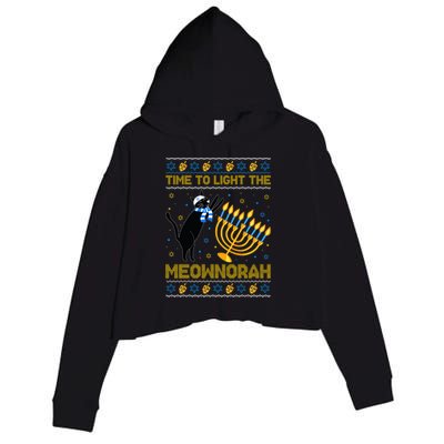 Light The Meownorah Jewish Cat Menorah Ugly Hanukkah Crop Fleece Hoodie