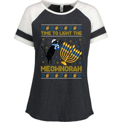 Light The Meownorah Jewish Cat Menorah Ugly Hanukkah Enza Ladies Jersey Colorblock Tee