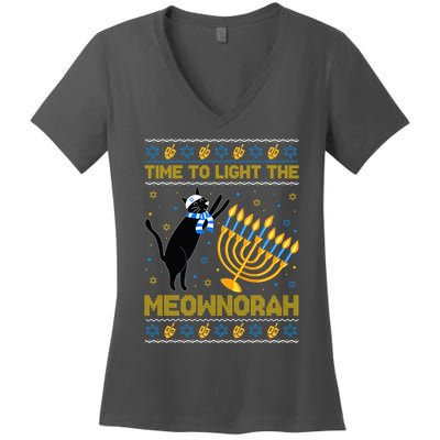 Light The Meownorah Jewish Cat Menorah Ugly Hanukkah Women's V-Neck T-Shirt