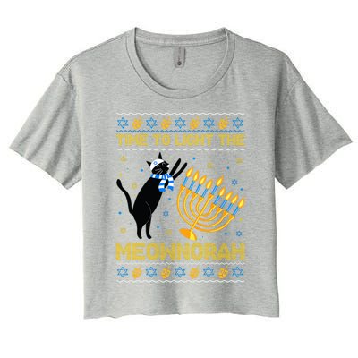 Light The Meownorah Jewish Cat Menorah Ugly Hanukkah Women's Crop Top Tee