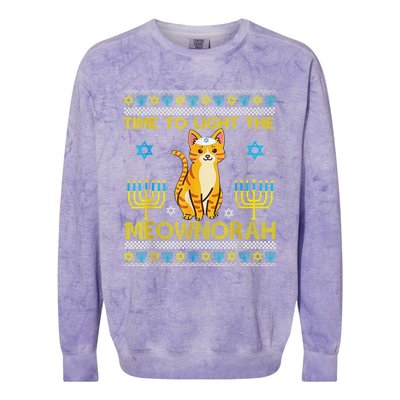 Light The Meownorah Jewish Cat Menorah Lover Ugly Chanukah  Colorblast Crewneck Sweatshirt