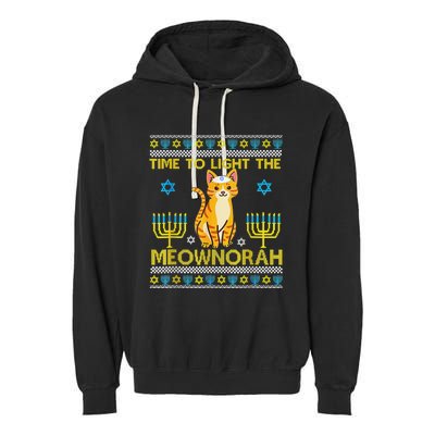 Light The Meownorah Jewish Cat Menorah Lover Ugly Chanukah  Garment-Dyed Fleece Hoodie