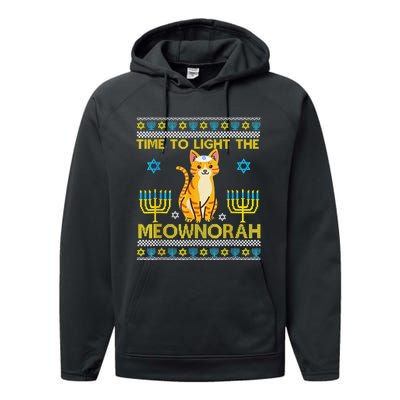 Light The Meownorah Jewish Cat Menorah Lover Ugly Chanukah  Performance Fleece Hoodie