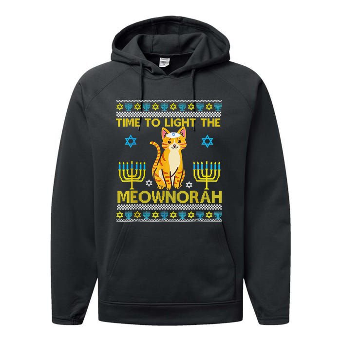 Light The Meownorah Jewish Cat Menorah Lover Ugly Chanukah  Performance Fleece Hoodie