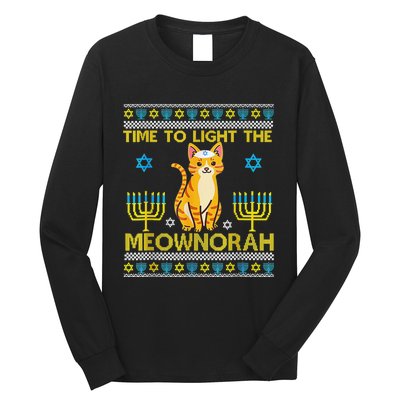 Light The Meownorah Jewish Cat Menorah Lover Ugly Chanukah  Long Sleeve Shirt