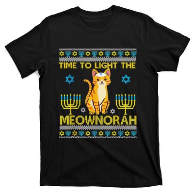 Light The Meownorah Jewish Cat Menorah Lover Ugly Chanukah  T-Shirt