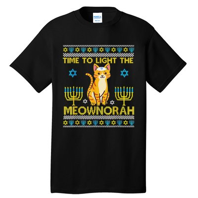 Light The Meownorah Jewish Cat Menorah Lover Ugly Chanukah  Tall T-Shirt