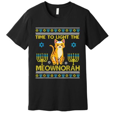 Light The Meownorah Jewish Cat Menorah Lover Ugly Chanukah  Premium T-Shirt