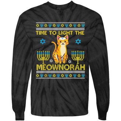 Light The Meownorah Jewish Cat Menorah Lover Ugly Chanukah  Tie-Dye Long Sleeve Shirt