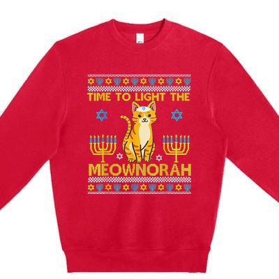 Light The Meownorah Jewish Cat Menorah Lover Ugly Chanukah  Premium Crewneck Sweatshirt