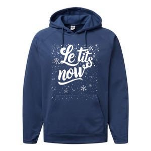 Le Tits Now Swooshed Text Design Christmas Xmas Adults Humor Great Gift Performance Fleece Hoodie