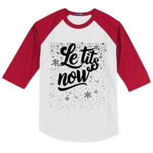 Le Tits Now Swooshed Text Design Christmas Xmas Adults Humor Great Gift Kids Colorblock Raglan Jersey